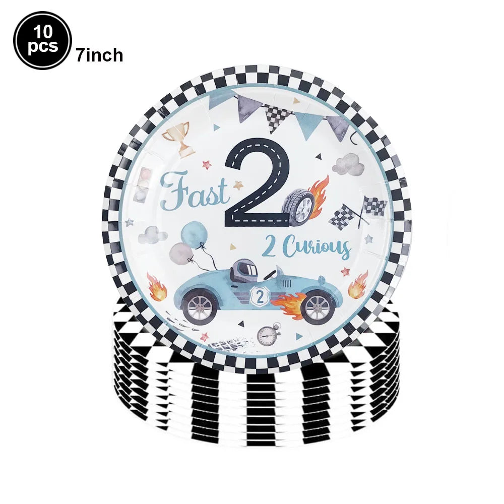 Race Car 2nd Birthday Decorations Tableware Paper Plates Cups Large Racing Car Balloons Kids Two Fast Birthday Party Supplies