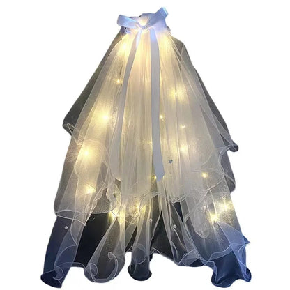 Bridal Veil Wedding Veils Women's White Tulle Short Veils Ribbon Edge With LED Light for Brides Bachelorette Hen Party Costume
