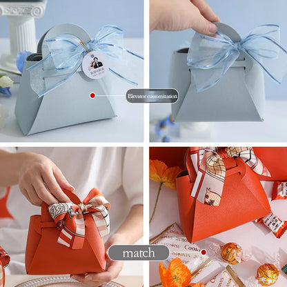 1PC Leather Gift Bags Bow Ribbon Packaging Bag Wedding Favour Distributions Bags Eid Mubarak Candy Packaging Box Mini Handbag