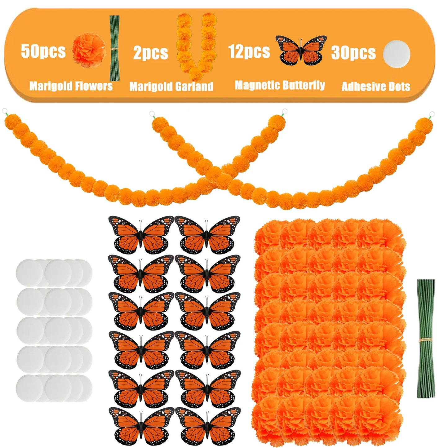 14~380pcs Day of the Dead Marigold Flower Garland Decorations Dia De Los Muertos ofrenda Altar with Monarch Butterfly Mexican