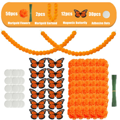 14~380pcs Day of the Dead Marigold Flower Garland Decorations Dia De Los Muertos ofrenda Altar with Monarch Butterfly Mexican