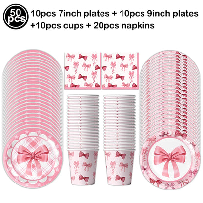 Bow Theme Party Supplies for Girl Pink Bow Cupcake Toppers Paper Drinking Straws Bridal Shower Bow Coquette Birthday Party Decor