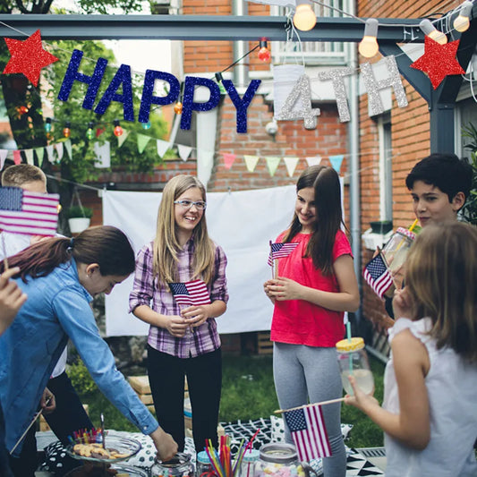 American Independence Day Party Home Decoration Glitter Silver Blue Red Happy 4th USA Letters Heart Stars Hanging Paper Garlands