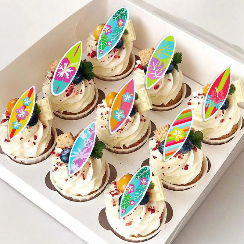8/16Pcs Hawaiian Surfboard Cupcake Topper for Tropical Summer Luau Birthday Party Cake Decoration Beach Pool Wedding Supplies