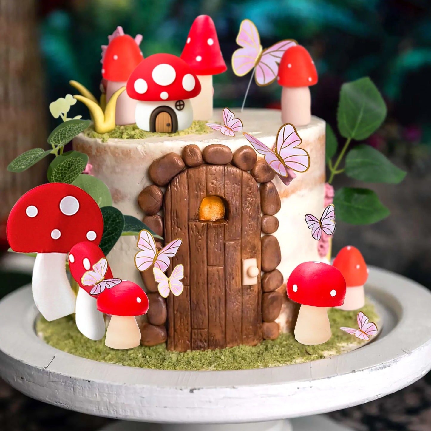 LaVenty Pink Mushroom House Cake Decoration Mushroom Cake Decoration Fairy Cake Decoration Garden Fairy Cake Decoration
