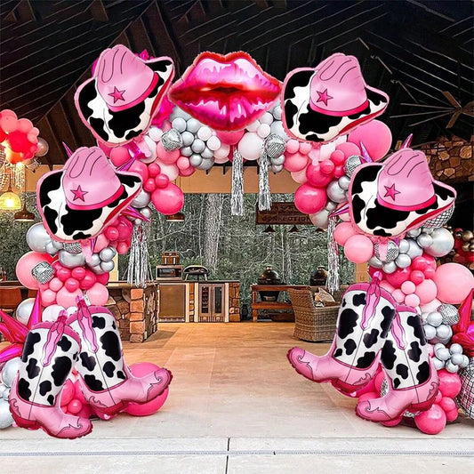 Western themed party balloons, including boots, cowboy hat foil balloons, suitable for birthday, bachelorette party decorations