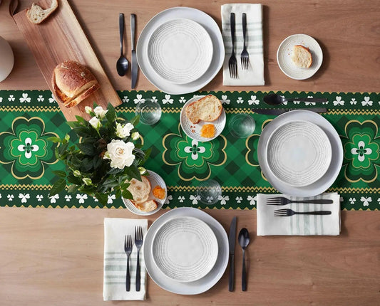 St.Patrick's Day Lucky Clover Linen Table Runner Dresser Scarves Decor Farmhouse Kitchen Dining Table Runner Party Decorations