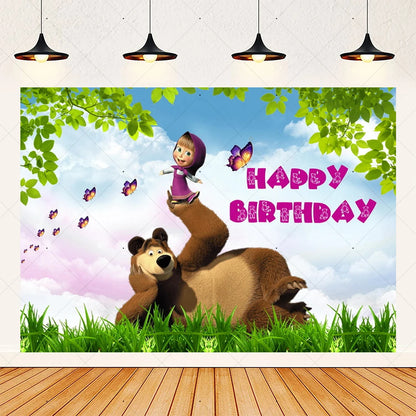 Cartoon Girl-Mashas-And Bear Kids Birthday Party Digital Balloon Banner Background Cake Topper Decoration Supplies Baby Gifts