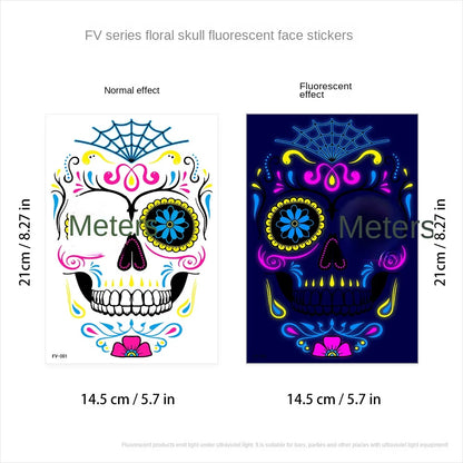1/4/8PCS Waterproof Fluorescent Temporary Tattoo Neon Halloween Stickers Day of the Dead Party Festival Night Bar Face Stickers