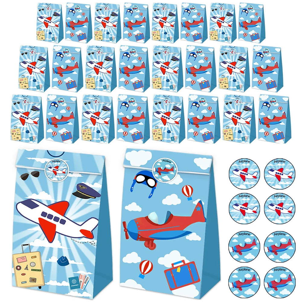 12/24Pcs Airplane Party Favor Bags Gift Goodies Treat Paper Bags With Stickers Kids Boy Flight Aviator Birthday Party Decoration
