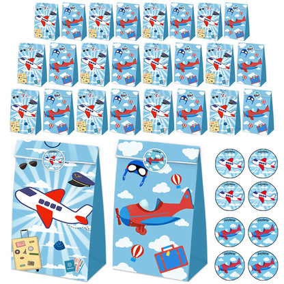 12/24Pcs Airplane Party Favor Bags Gift Goodies Treat Paper Bags With Stickers Kids Boy Flight Aviator Birthday Party Decoration