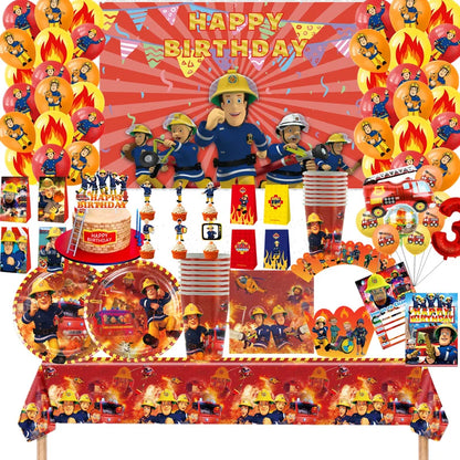 Firefighter Sam Party Supplies Plates Napkins Cups Tablecloth Banner Fire Truck Party Decorations Kids Boys Decor Supplies
