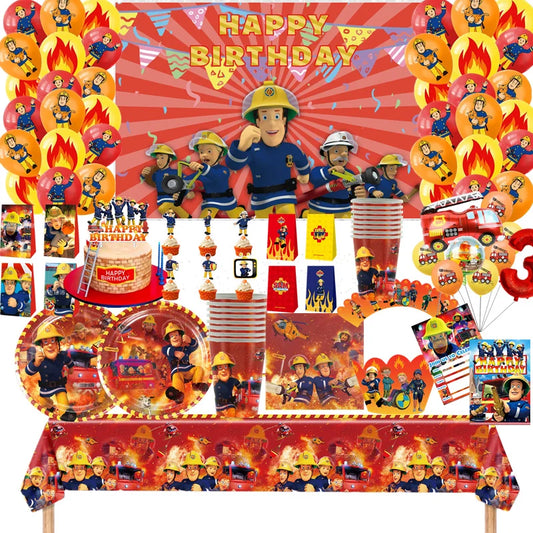 Firefighter Sam Party Supplies Plates Napkins Cups Tablecloth Banner Fire Truck Party Decorations Kids Boys Decor Supplies