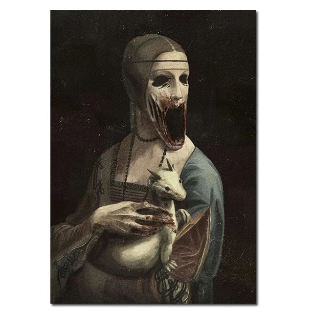 Creepy Famous Painting Character Mona Lisa Canvas Painting Print Poster Scary Wall Art Pictures Horror Figure Wall Decor Mural
