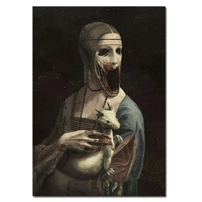 Creepy Famous Painting Character Mona Lisa Canvas Painting Print Poster Scary Wall Art Pictures Horror Figure Wall Decor Mural