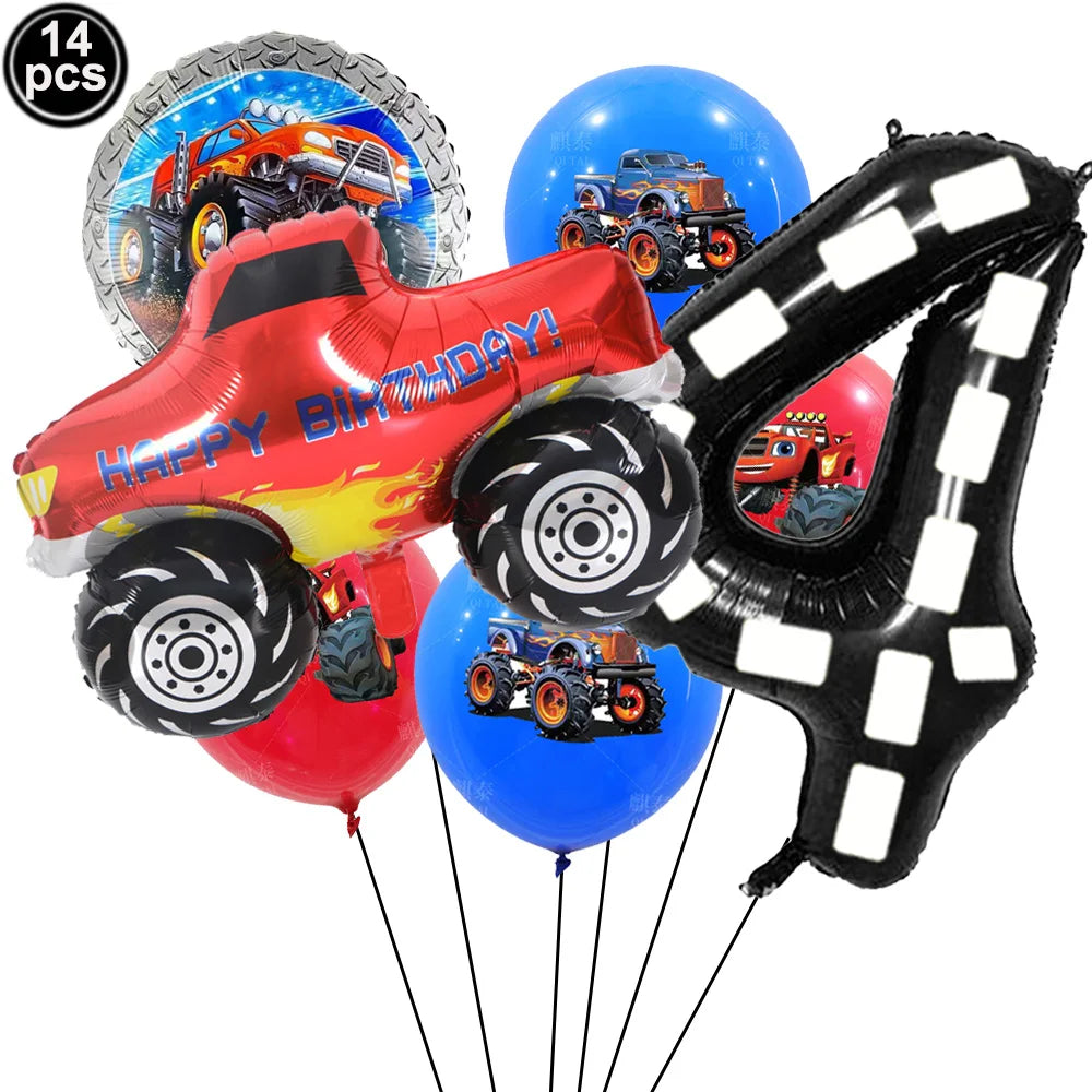 Monster Truck Birthday Party Paper Plates Cup Napkin Tablecloth Balloon Hanging Swirls Banner Monster Truck Birthday Party Decor