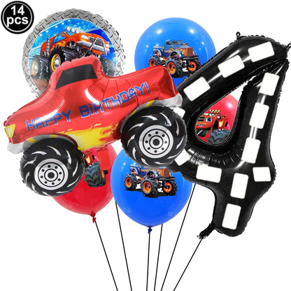 Monster Truck Birthday Party Paper Plates Cup Napkin Tablecloth Balloon Hanging Swirls Banner Monster Truck Birthday Party Decor