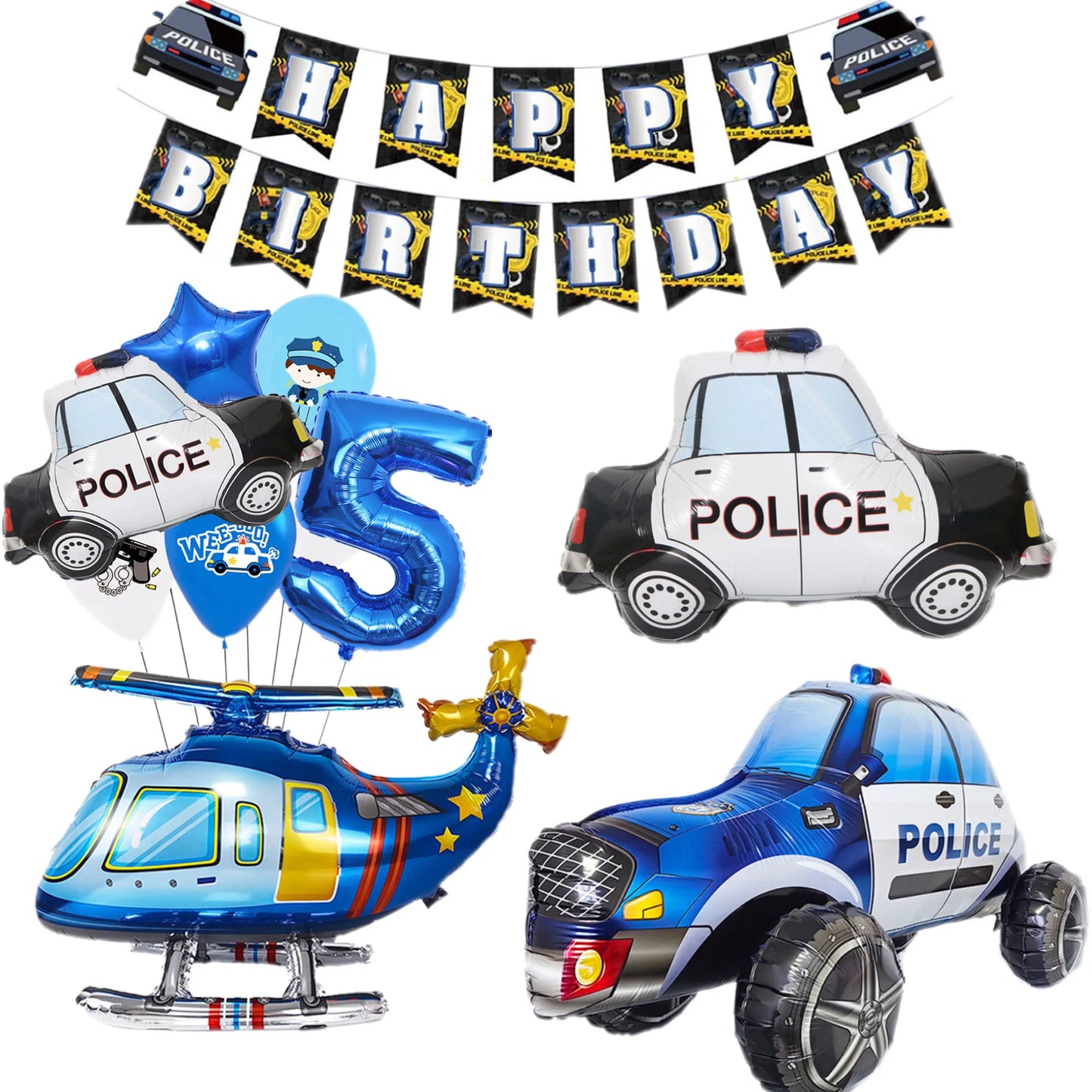 5th Birthday Police Party Blue Car Helicopter Foil Balloons for Boys Baby Shower Police Birthday Party Decoration