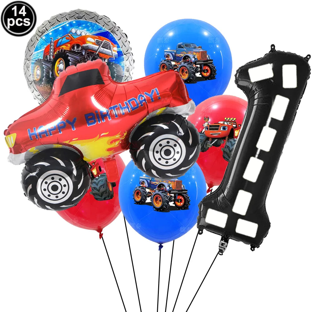 Monster Truck Birthday Party Paper Plates Cup Napkin Tablecloth Balloon Hanging Swirls Banner Monster Truck Birthday Party Decor