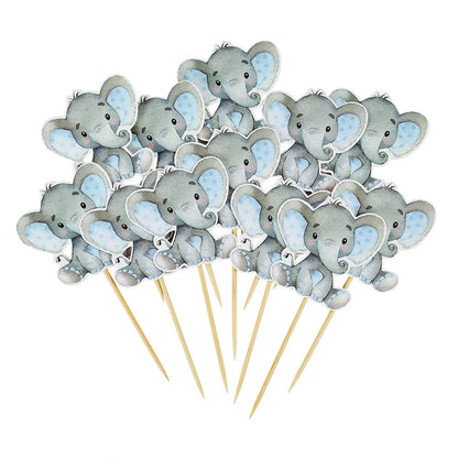 12Pcs Blue Pink Elephant Cupcake Topper Kids Birthday Baby Shower Elephant Cake Decoration Boy Girl Gender Reveal Party Supplies