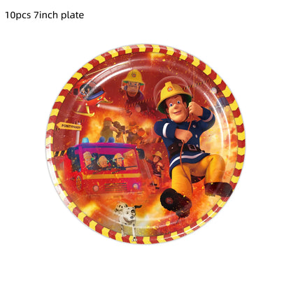 Firefighter Sam Party Supplies Plates Napkins Cups Tablecloth Banner Fire Truck Party Decorations Kids Boys Decor Supplies