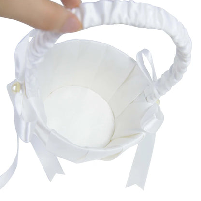 20 cm White Flower Girls Basket Silk Wedding Basket for Flower Bride/Kids Hand Held Wedding Ceremony Party Decorations