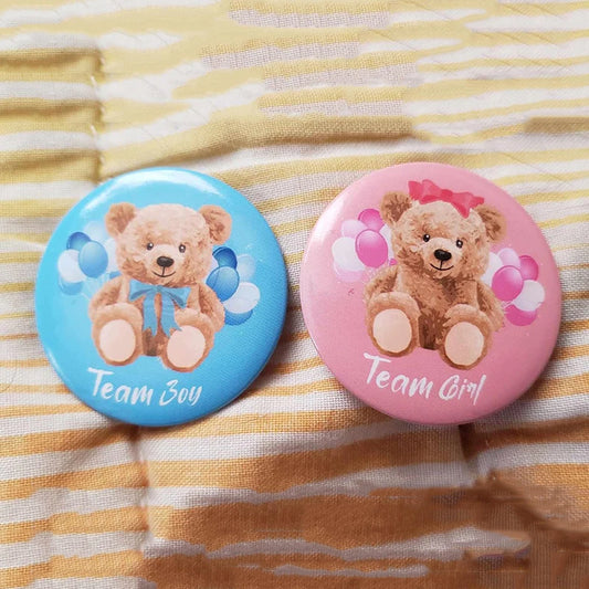 10pcs Gender Reveal Theme Tinplate Badges Cute Bear Team Boy Girl Button Pins Baby Shower Birthday Party Favors Decoration