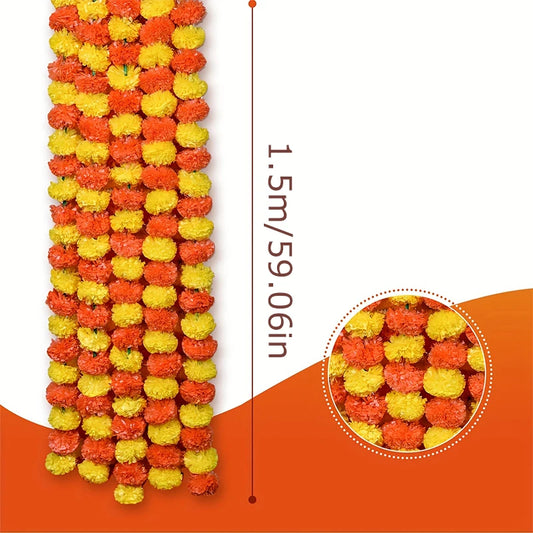 1Pc 1.5m Artificial Marigold Flower Garlands for Wedding Decor Diwali Traditional Indian Theme Backdrop Decoration DIY Wreath