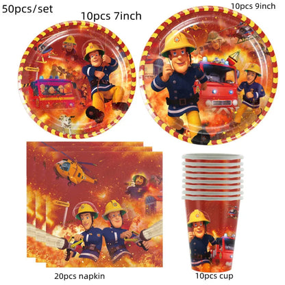 Firefighter Sam Party Supplies Plates Napkins Cups Tablecloth Banner Fire Truck Party Decorations Kids Boys Decor Supplies