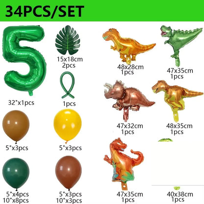 32 英寸 Number Dinosaur Birthday Party Dino Balloons Palm Leaf Set First Bthday Boy Party Kids Baby Shower Jungle Safari Deco