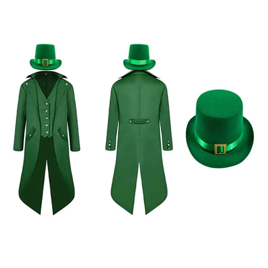 St Patrick's Day Costume Adult Men Fantasy Steampunk Retro Cosplay Jacket Coat Hat Outfits Halloween Carnival Party Suit