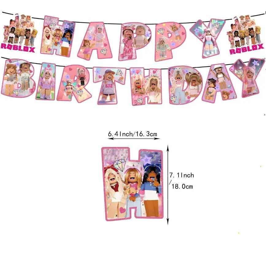 Pink Roblox Balloons Happy Birthday Banner Party Decoration Hot Robot Game Cake Topper Disposable Tableware Kids Girl Background