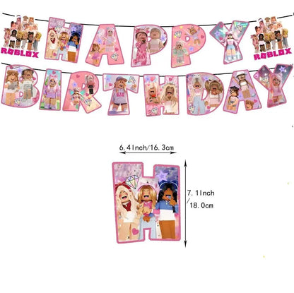 Pink Roblox Balloons Happy Birthday Banner Party Decoration Hot Robot Game Cake Topper Disposable Tableware Kids Girl Background