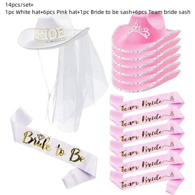 Pink/White Bride to Be Satin Sash Denim Hat Wedding Bridal Shower Decor Hen Girls Bachelorette Party Supplies Bridesmaid Gifts