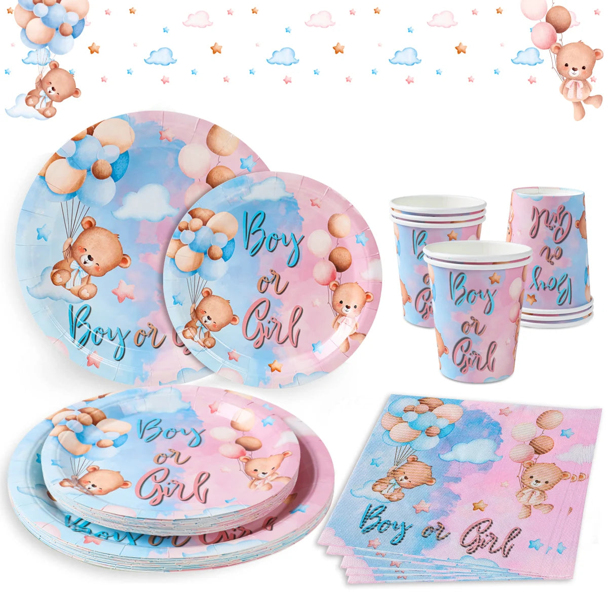 Teddy Bear Gender Reveals Baby Shower Disposable Tableware Sets Pink Blue Napkin Plate Boy or Girl Happy Birthday Party Supplies