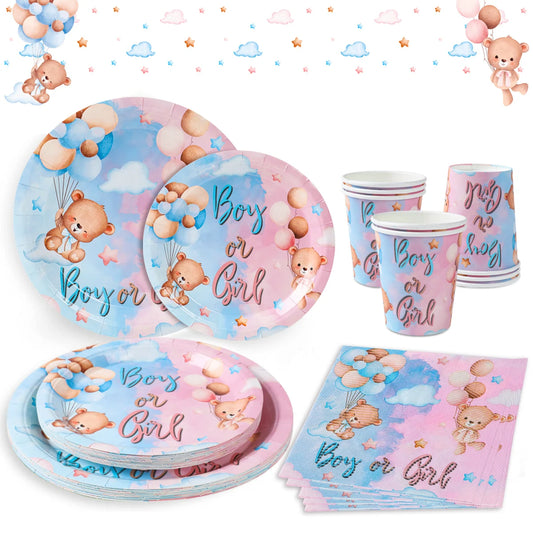 Teddy Bear Gender Reveals Baby Shower Disposable Tableware Sets Pink Blue Napkin Plate Boy or Girl Happy Birthday Party Supplies