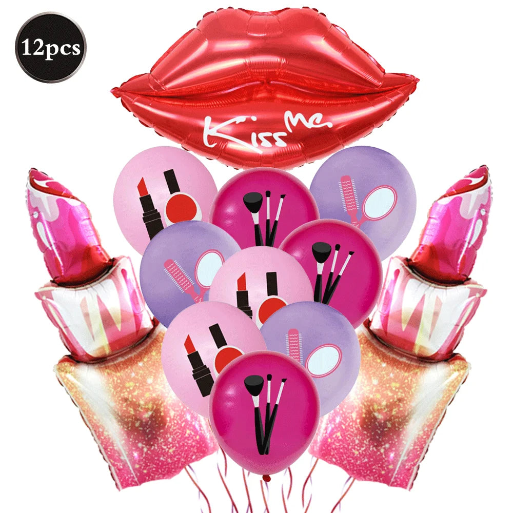 12pcs Spa Makeup Party Balloons Set Lipstick Lips High Heels Foil Ball Girl Bachelor Party Valentine's Day Wedding Bridal Shower