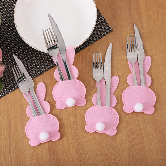 4Pcs Non-Woven Fabric Spoon Fork Bunny Cover Bag with Tail Easter Rabbit Felt Cutlery Holder Bag 2024 Party Tableware Decoration
