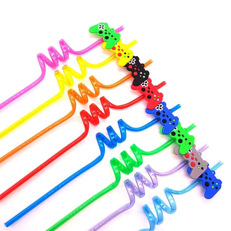 8pcs 26cm Reusable Game Controller Plastic Helical   Straws Gamepad Toys Straw Game Console Theme Kids Birthday Party Decor