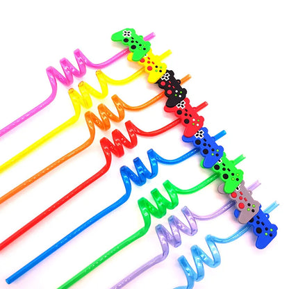 8pcs 26cm Reusable Game Controller Plastic Helical   Straws Gamepad Toys Straw Game Console Theme Kids Birthday Party Decor