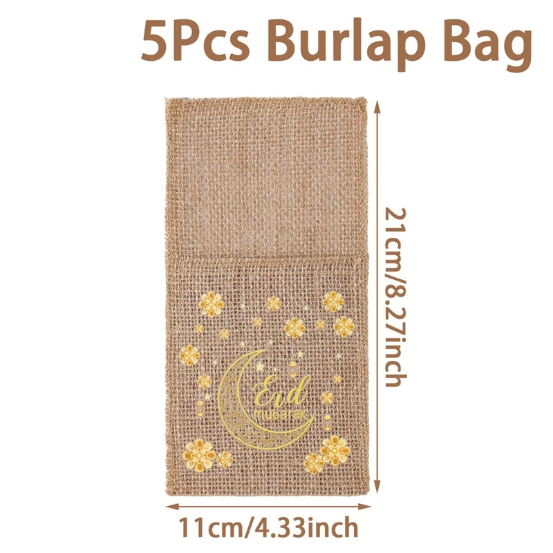 Eid Mubarak Burlap Cutlery Pouch Ramadan Decor for Home 2025 Table Decor Ramadan Kareem Islamic Muslim Party Eid Al-Fitr Gifts