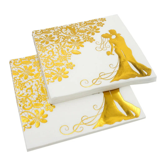 100pcs Wedding Paper Napkins Sparkle Golden Bride Groom Table Napkins 33x33cm Two-Layers Home Hotel Wedding Party Table Decor