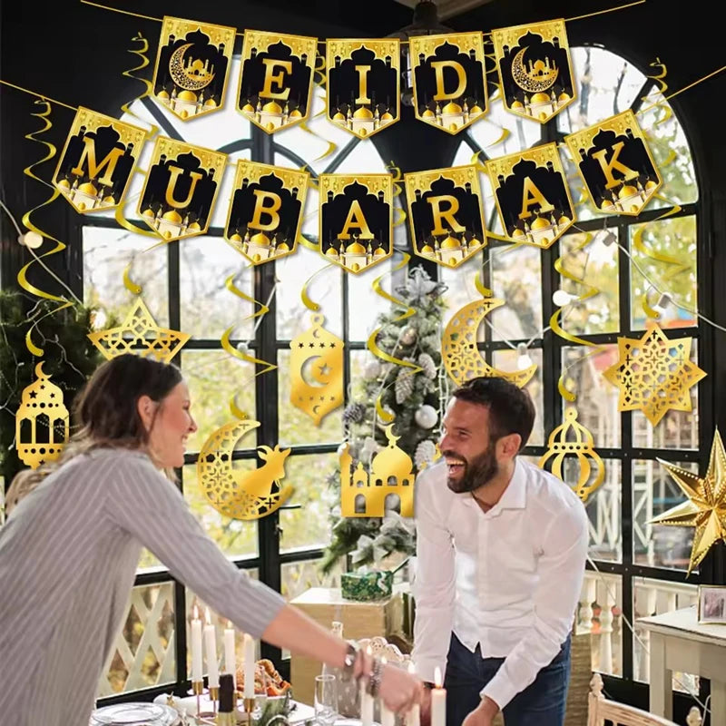 Eid Mubarak Paper Banner Garland 2025 Ramadan Moon Star Mosque Hanging Swirl Home Decoration Ornaments Islamic Muslim Party Gift