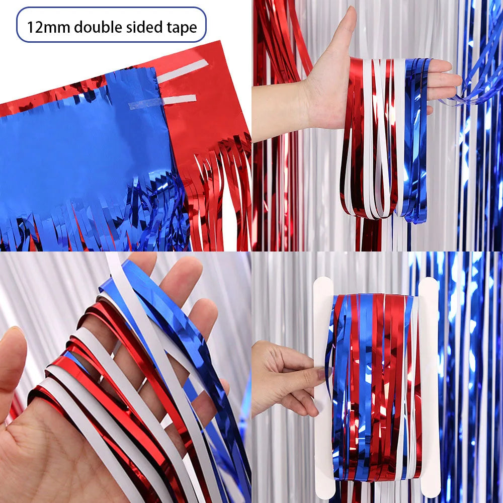 American Independence Day Decoration,American Flag,Red White Blue Metallic Tinsel Foil Fringe Curtains,4th Of July,Photo Props