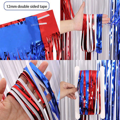 American Independence Day Decoration,American Flag,Red White Blue Metallic Tinsel Foil Fringe Curtains,4th Of July,Photo Props