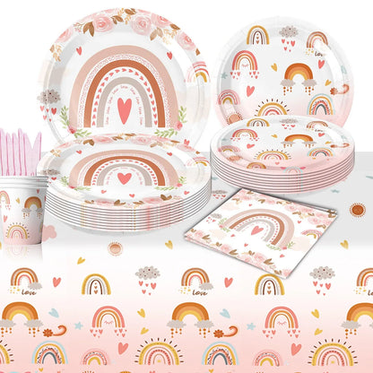 Bohemian Boho Rainbow Birthday Party Decorations Girls Birthday Supplies Rainbow Heart Tableware Paper Plates Papers Cup