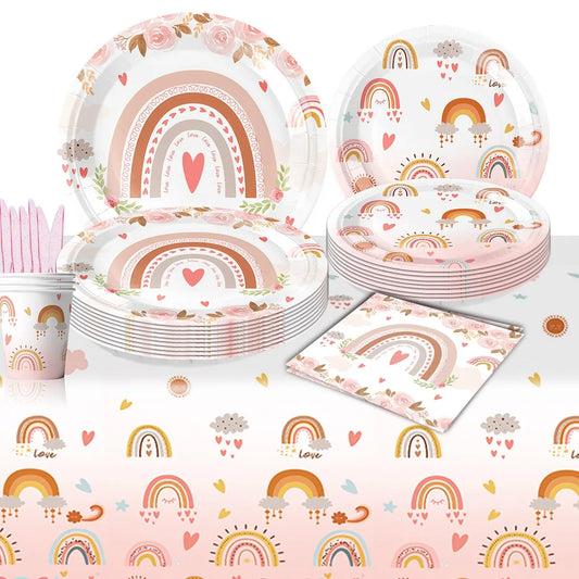 Bohemian Boho Rainbow Birthday Party Decorations Girls Birthday Supplies Rainbow Heart Tableware Paper Plates Papers Cup
