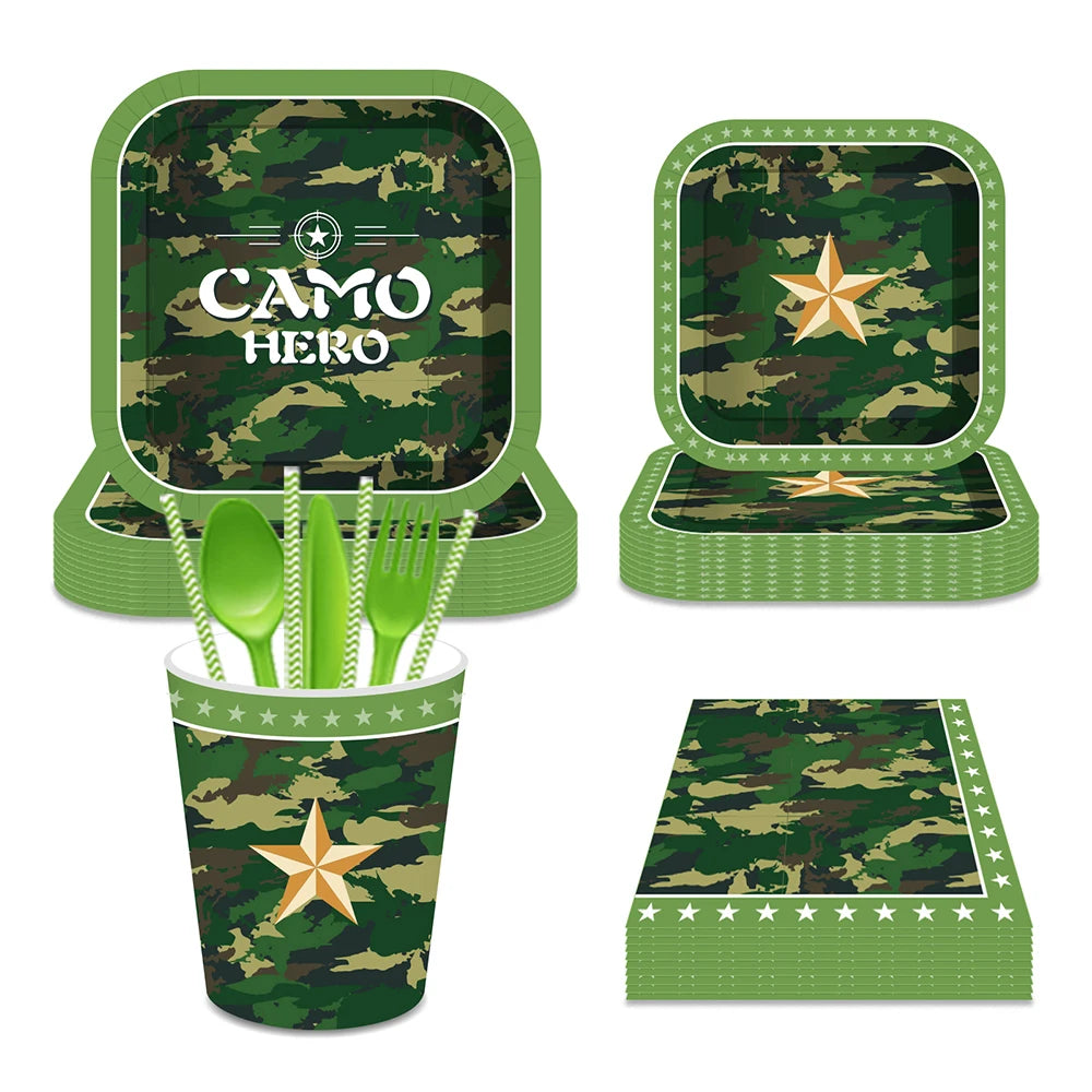 Army Party Tableware Camouflage Green Plates Cups Tablecloths Camouflage Balloons Military Theme Birthday Party Decorations
