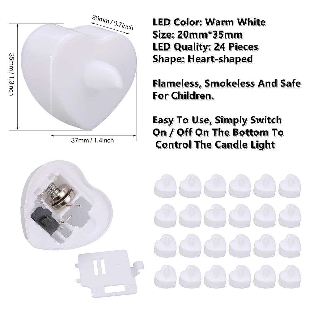 24Pcs Flameless Led Candle For Home Christmas Party Wedding Decoration Heart-shaped Electronic Battery-Power Tealight Candles