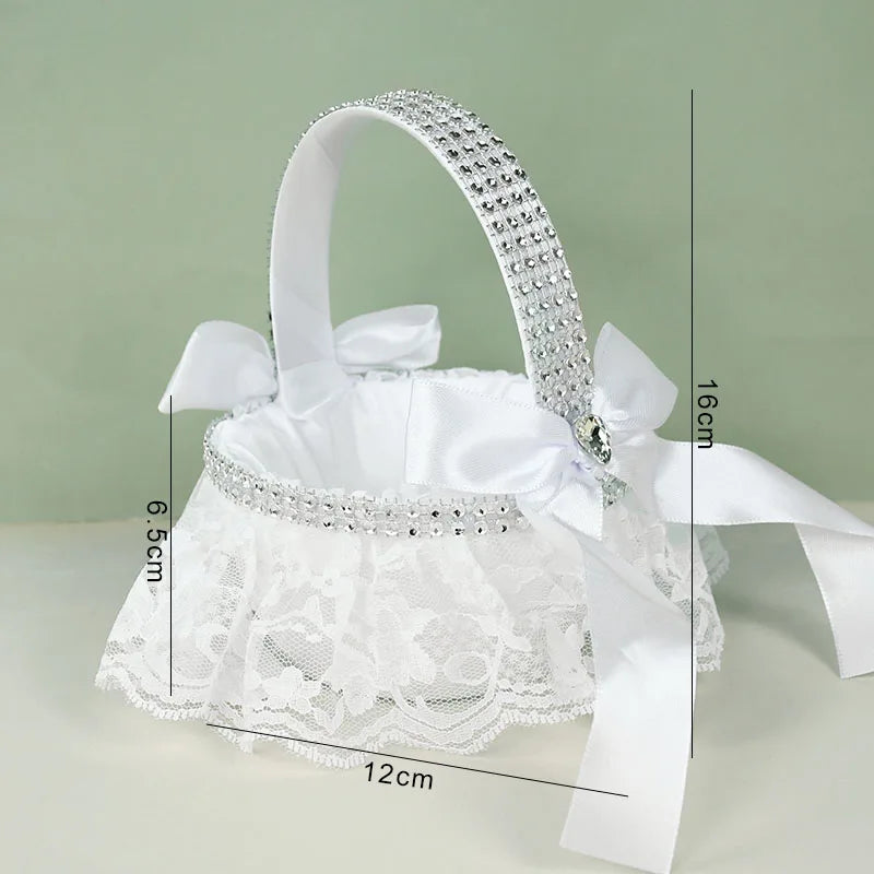20 cm White Flower Girls Basket Silk Wedding Basket for Flower Bride/Kids Hand Held Wedding Ceremony Party Decorations